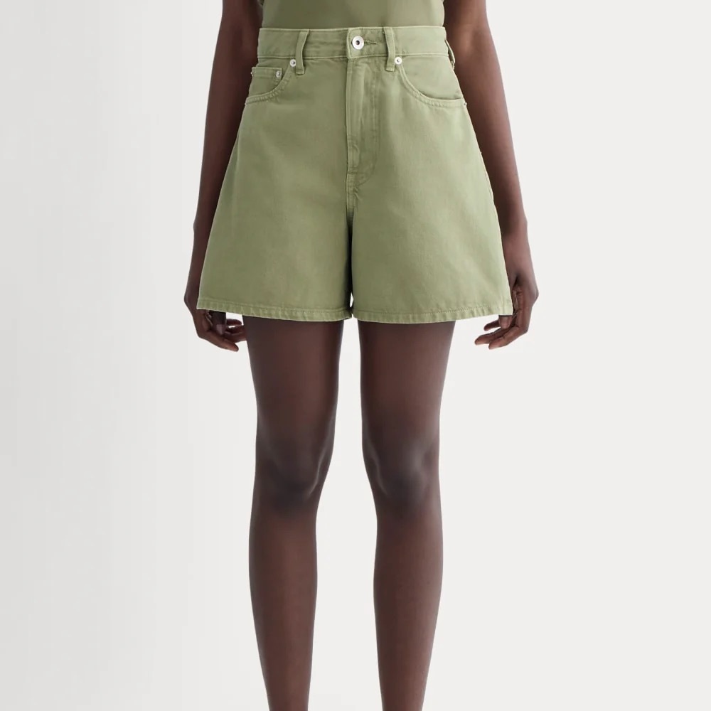 Everlane High Waist A line Denim Shorts in Olive Green